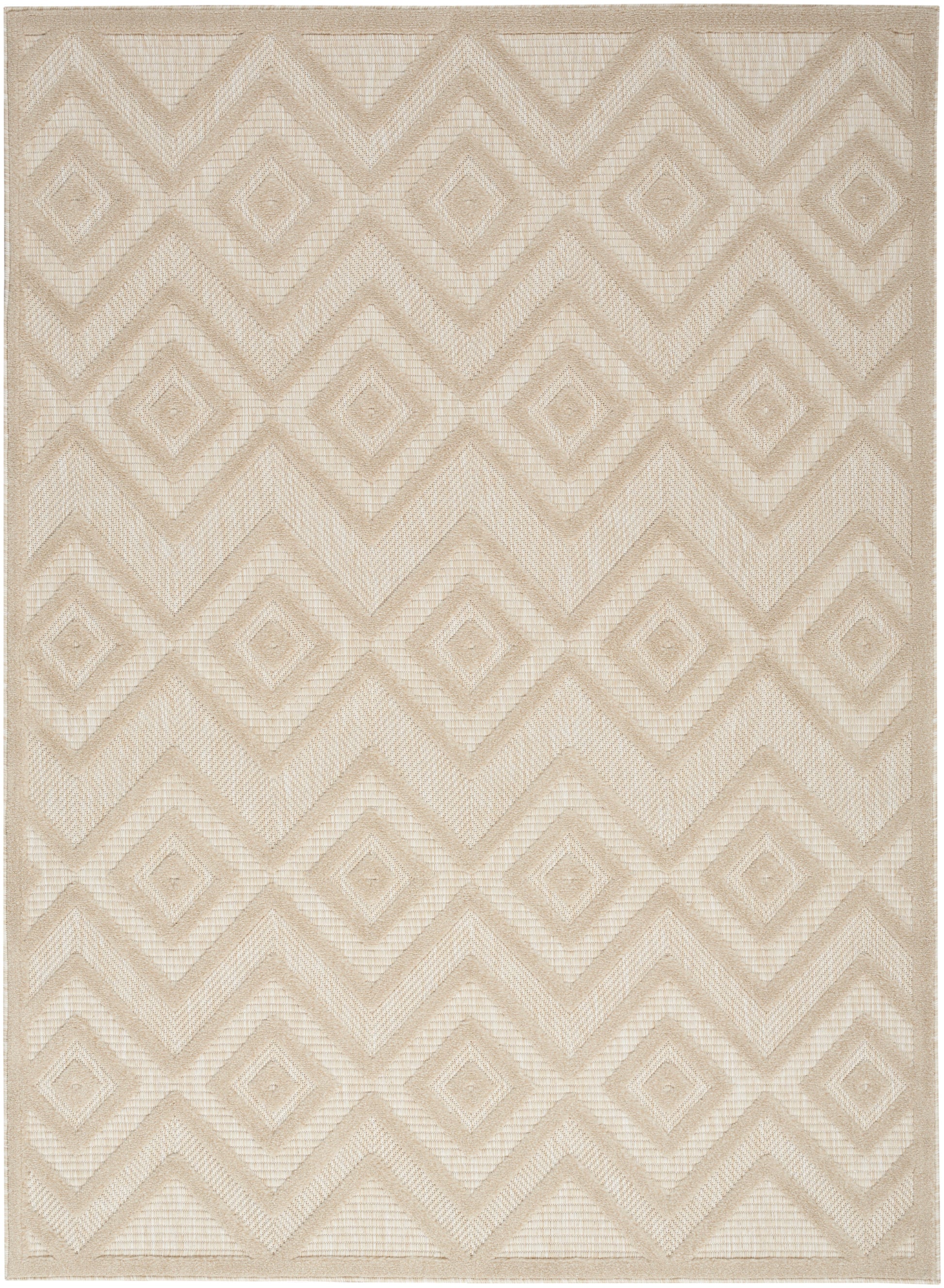Beige woven area rug with repeating diamond and chevron geometric pattern and subtle textured weave.