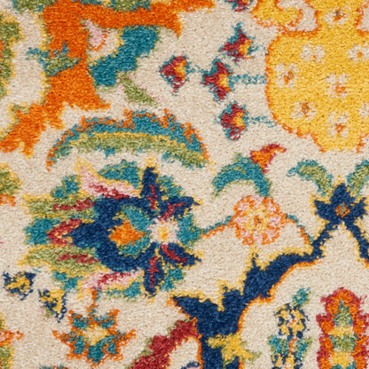 Vibrant multicolor floral patterned runner rug with a cream background in blues, orange, yellow, and green.