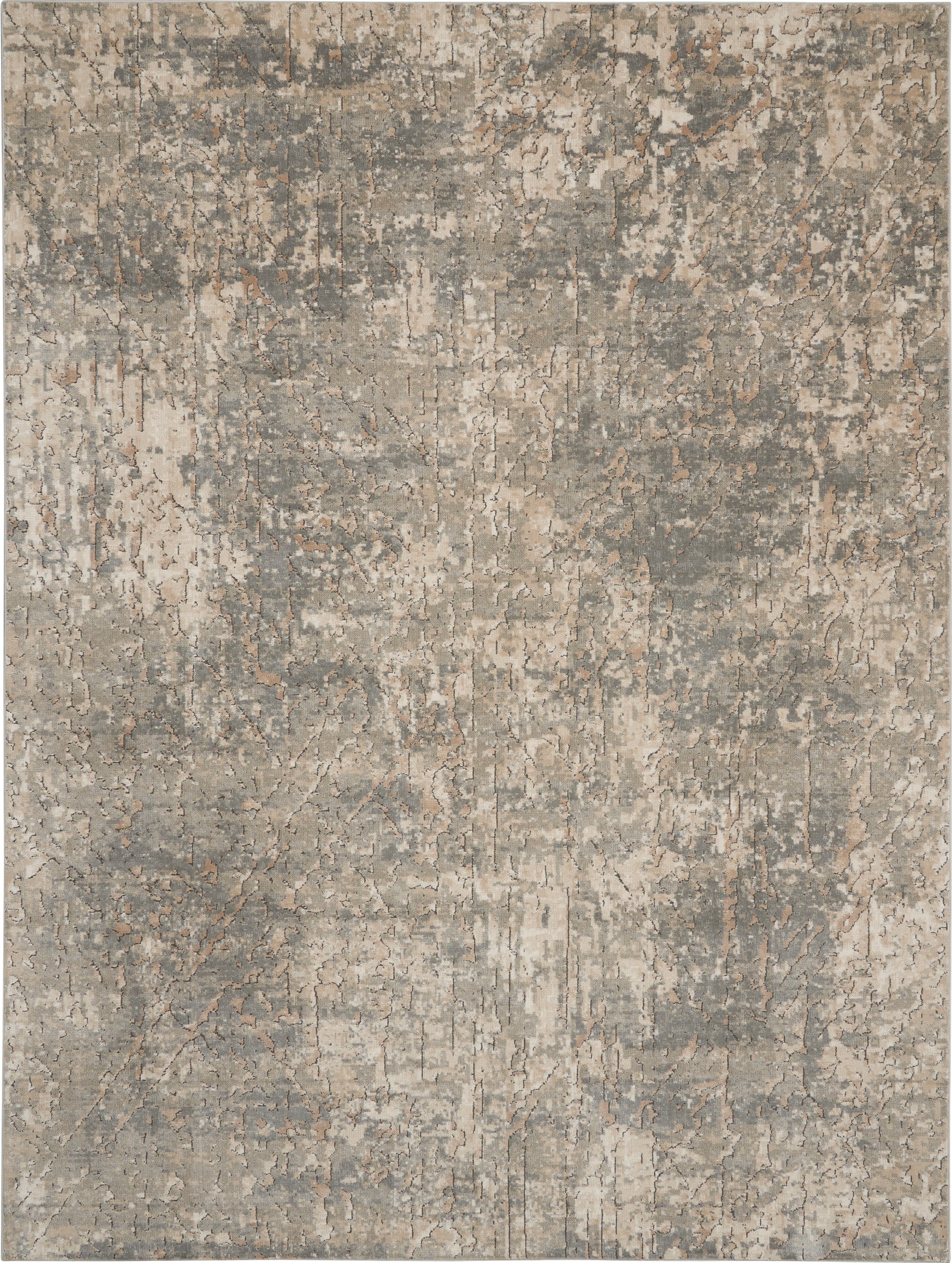 Neutral gray-beige distressed abstract rug with vintage look; versatile for living room or bedroom.