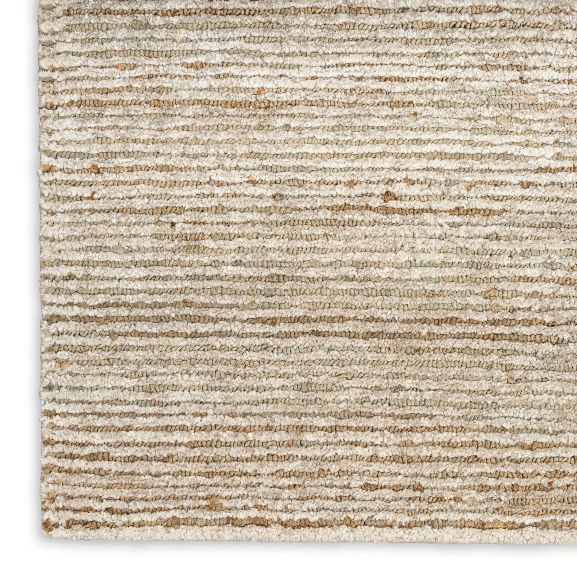 Rectangular cream-beige textured rug with soft tan horizontal stripes; plush loop pile for living room or bedroom decor.