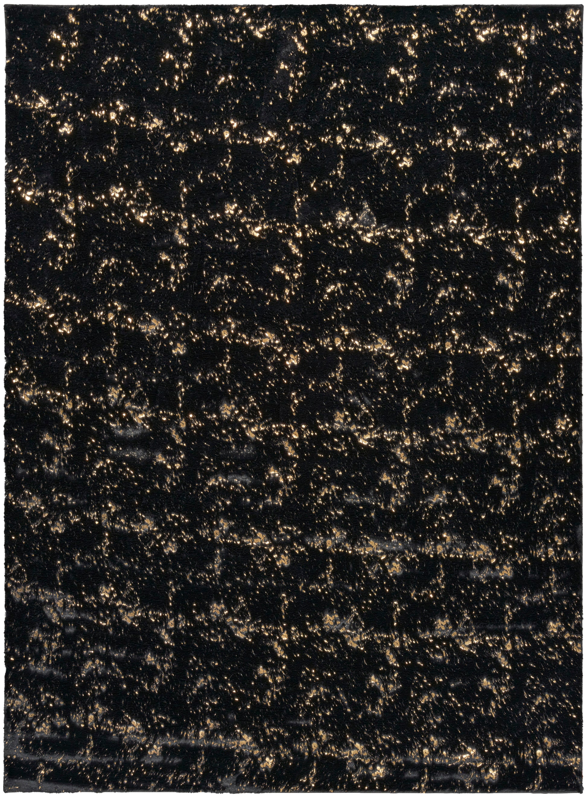 Rectangular black velvet-like swatch with gold metallic glitter specks; luxurious evening fabric.