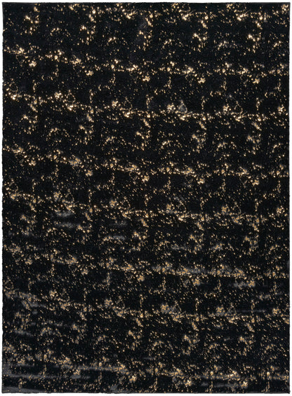 Rectangular black velvet-like swatch with gold metallic glitter specks; luxurious evening fabric.