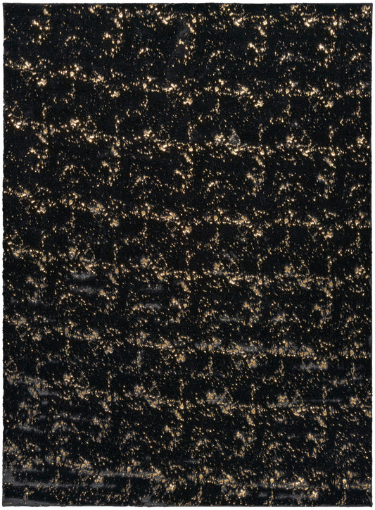 Rectangular black velvet-like swatch with gold metallic glitter specks; luxurious evening fabric.