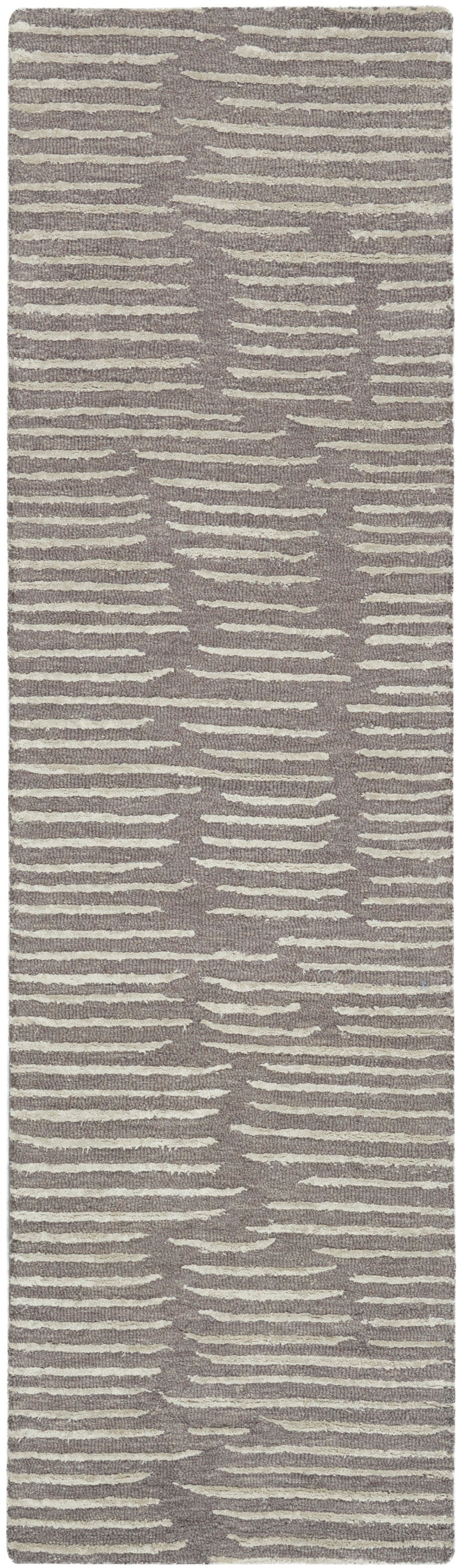 Taupe hallway rug runner with cream irregular horizontal stripes; soft textured pile, contemporary geometric design.