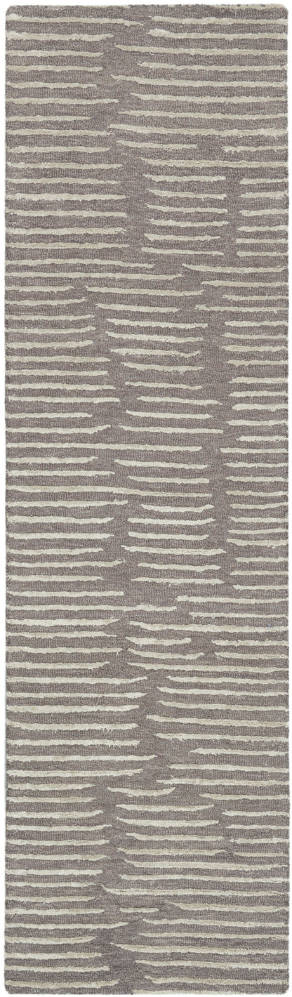 Taupe hallway rug runner with cream irregular horizontal stripes; soft textured pile, contemporary geometric design.