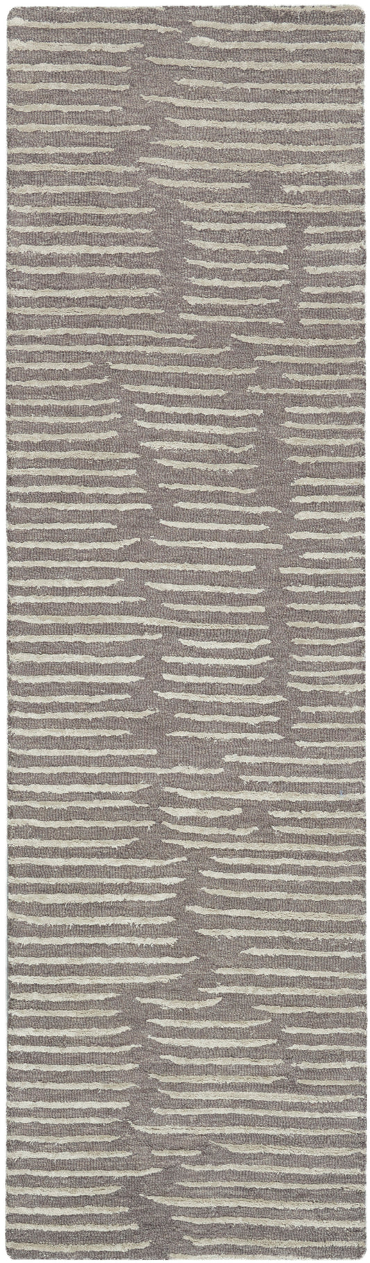 Taupe hallway rug runner with cream irregular horizontal stripes; soft textured pile, contemporary geometric design.