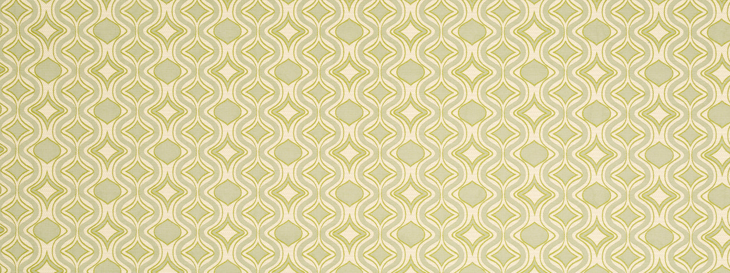 Beige upholstery fabric with a pale yellow and light gray interlocking geometric lattice pattern, retro-inspired.