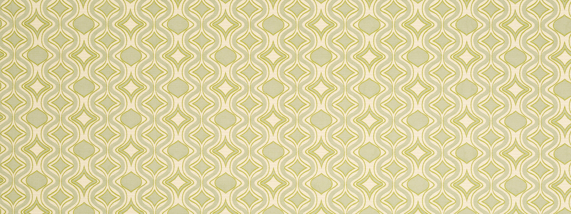 Beige upholstery fabric with a pale yellow and light gray interlocking geometric lattice pattern, retro-inspired.