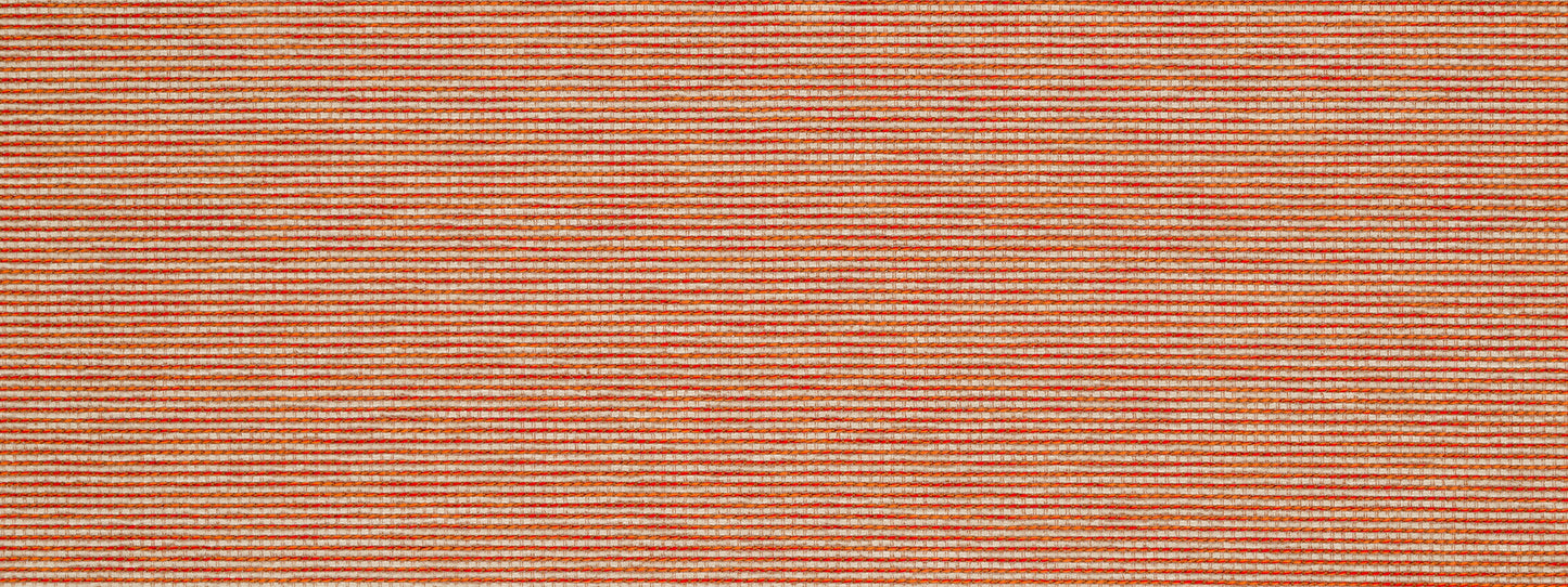 Orange and white striped woven upholstery fabric swatch with fine horizontal threads.