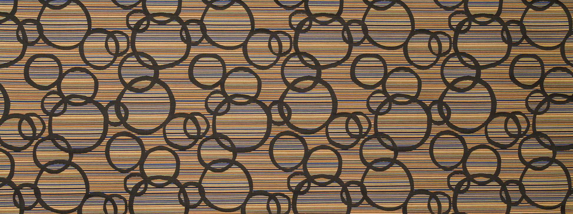Dark interlocking rings pattern on a warm brown upholstery fabric background.