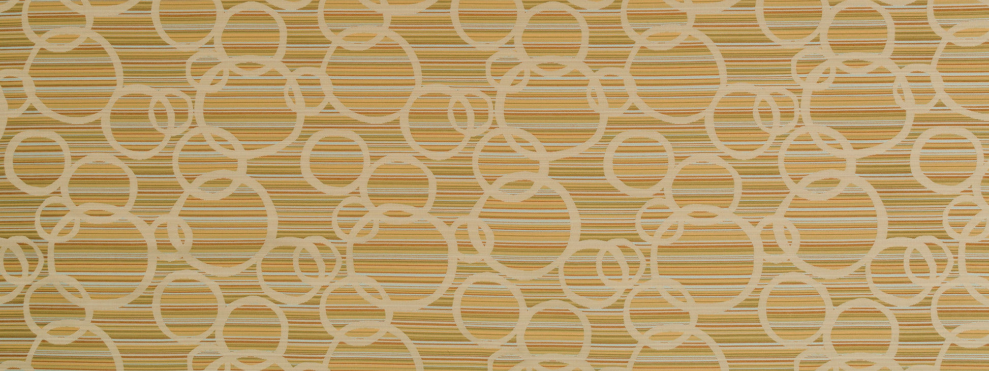Beige and gold interlocking circle pattern over horizontal stripes; upholstery fabric design.