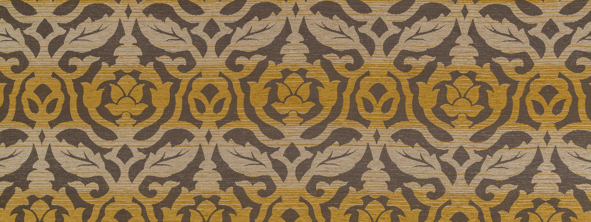 Luxurious gold & taupe damask pattern on beige upholstery fabric.