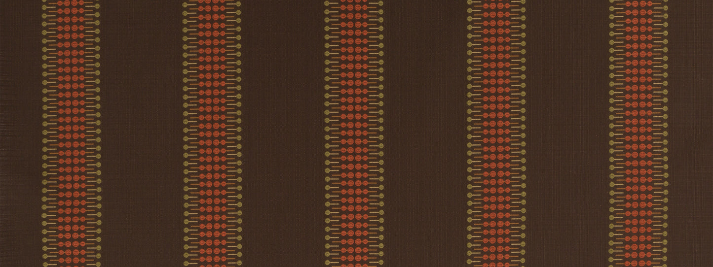 Brown woven fabric with vertical orange-red and tan stripes in a repeating pattern.