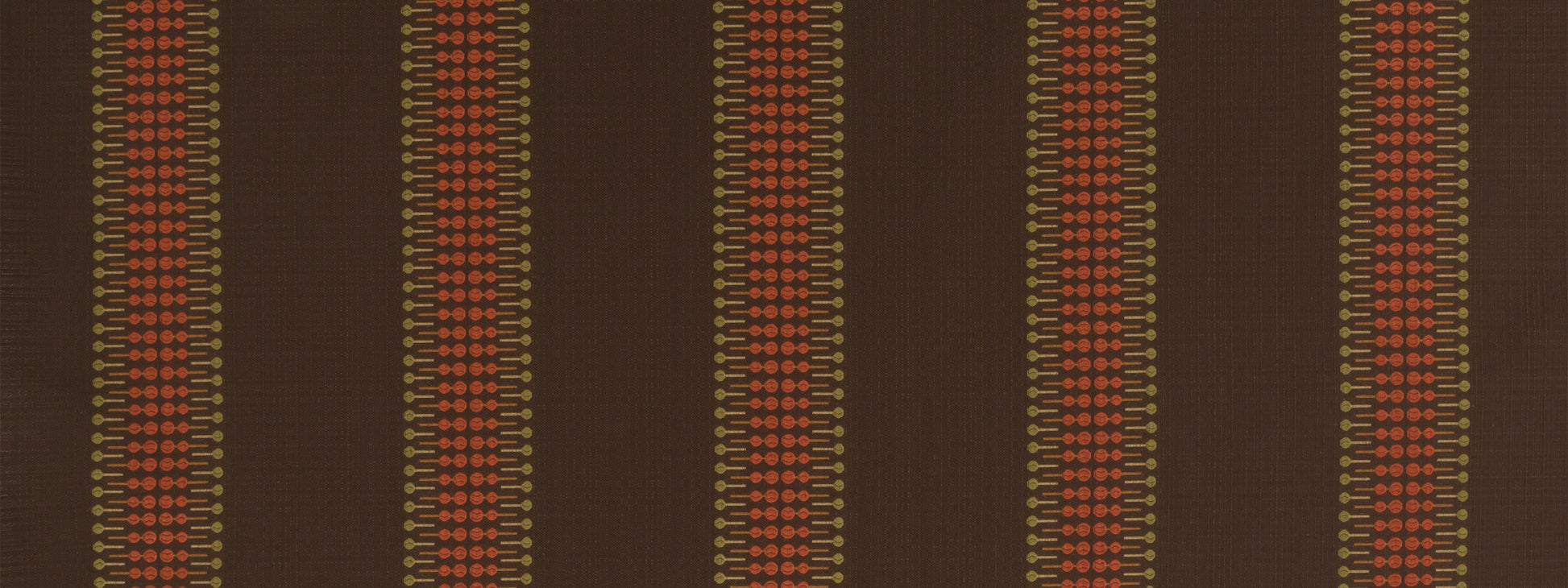 Brown woven fabric with vertical orange-red and tan stripes in a repeating pattern.