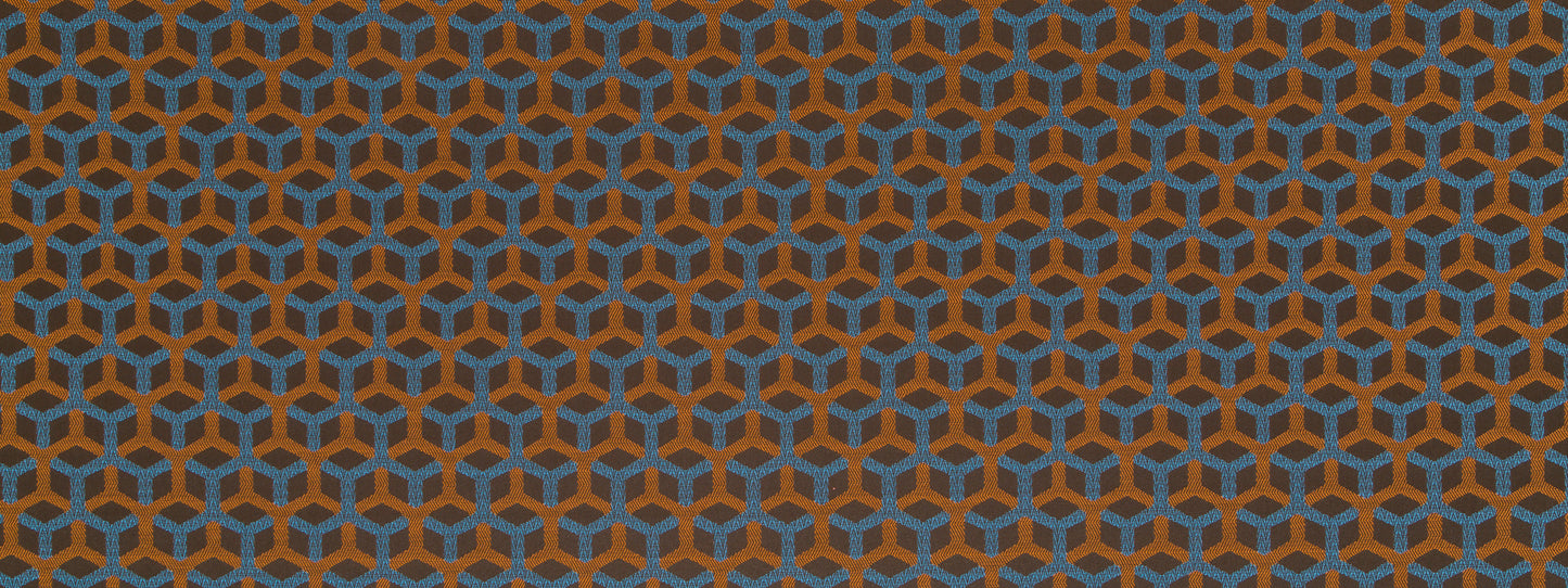 Orange and blue interlocking hex pattern on a dark background; overlapping hex design.