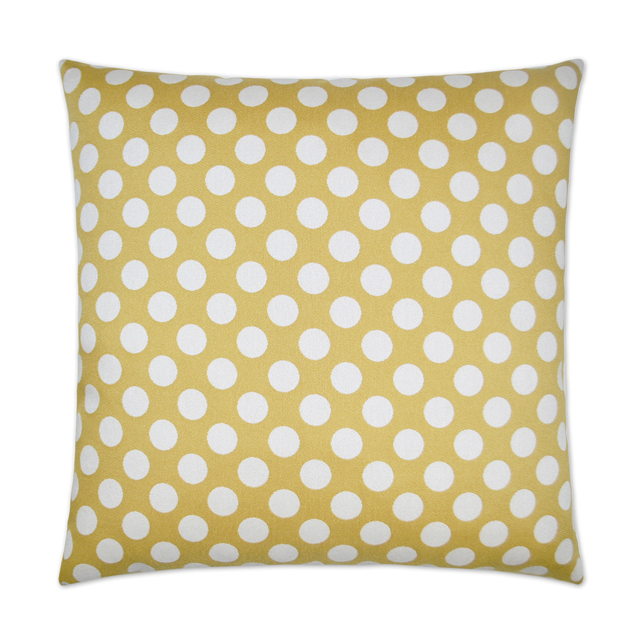 Square yellow pillow with white polka dots.
