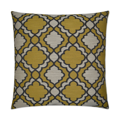 Square decorative throw pillow with a geometric quatrefoil trellis in gold, gray and navy on cream.