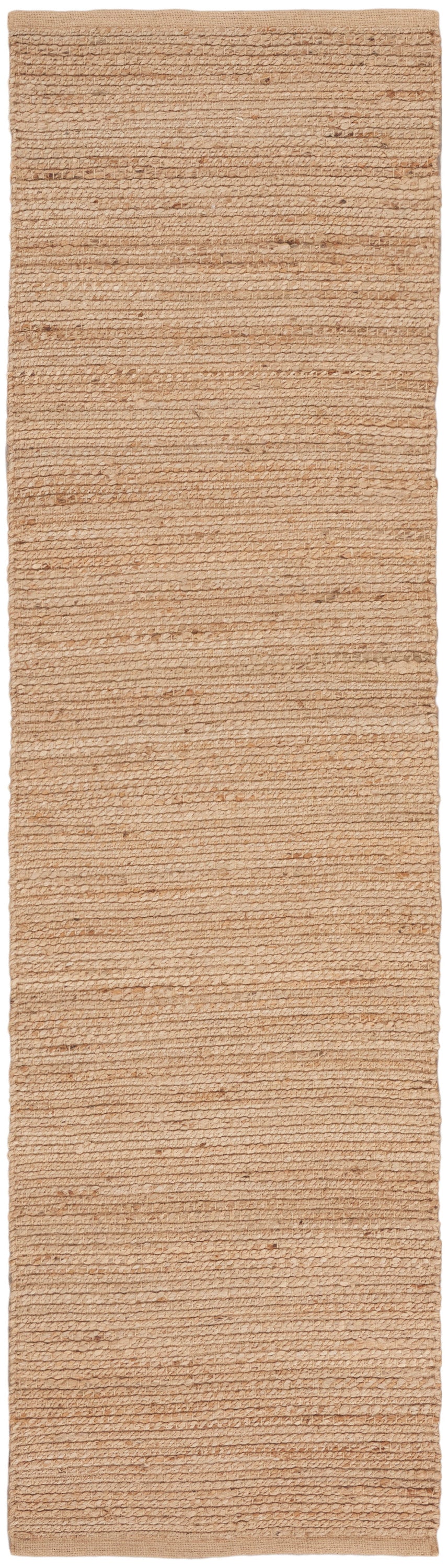 Beige jute rug runner, 6' long, with textured woven stripes and a natural earthy feel.