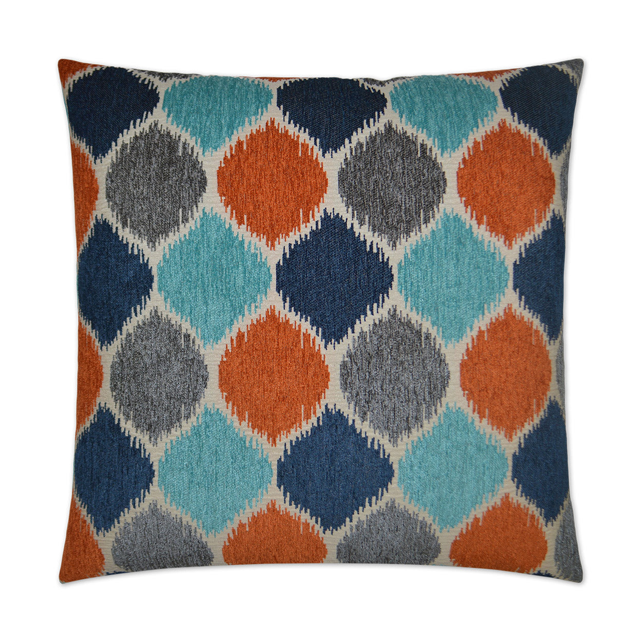 Square decorative throw pillow with teal, navy, orange and gray diamond lattice pattern.