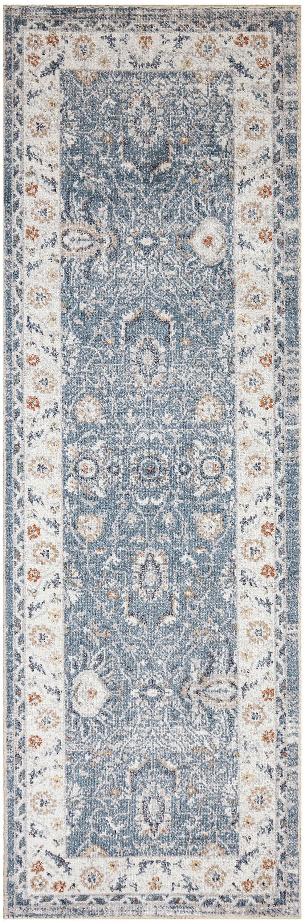 Blue runner rug with ivory border and orange accents; ornate Persian-inspired floral medallions for hallway decor.