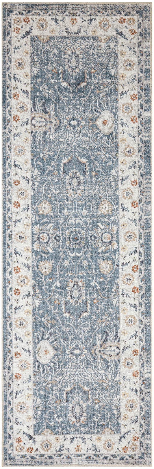 Blue runner rug with ivory border and orange accents; ornate Persian-inspired floral medallions for hallway decor.