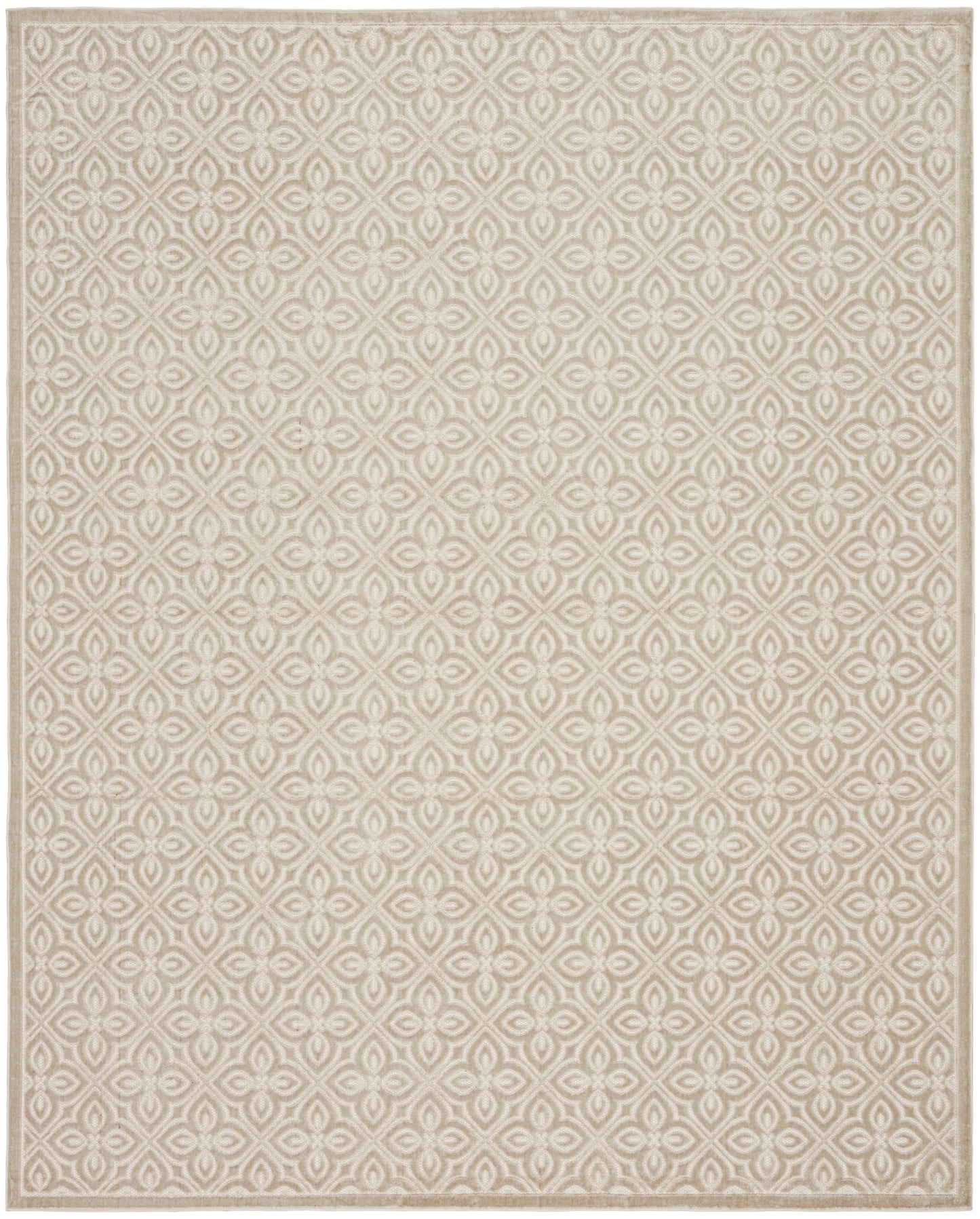 Beige rug with a subtle cream geometric quatrefoil motif and light border.