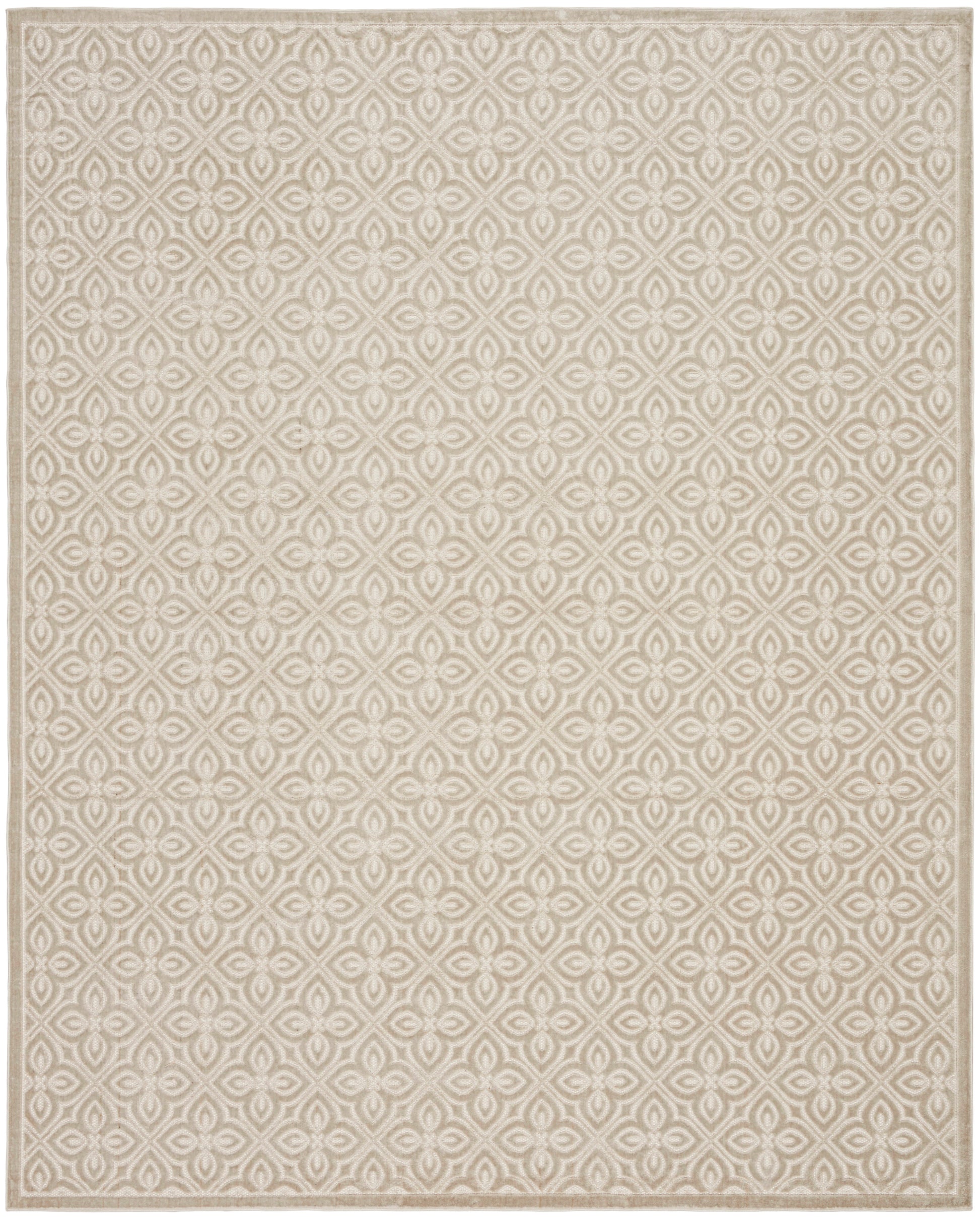 Beige rug with a subtle cream geometric quatrefoil motif and light border.