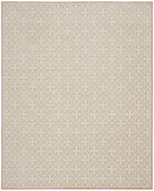 Beige rug with a subtle cream geometric quatrefoil motif and light border.