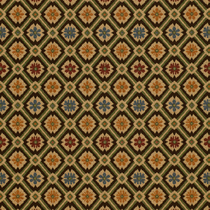 Textile pattern with diamond lattice and small floral rosettes in orange, blue, and red on a dark brown-beige background.