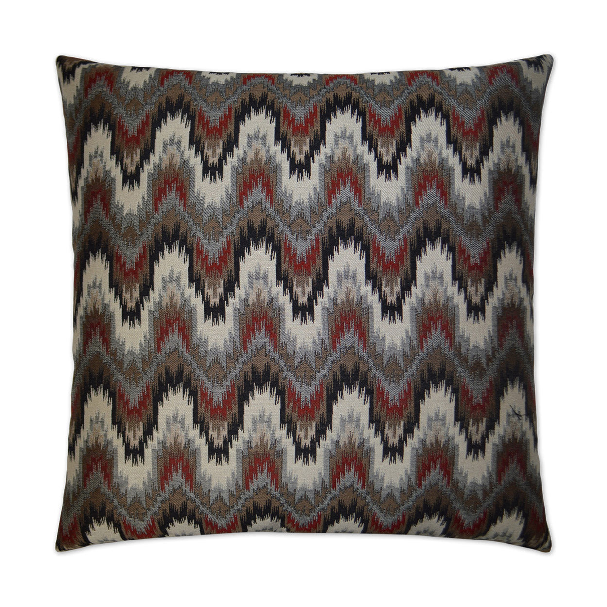Rectangular throw pillow with multicolor zigzag chevron in cream, gray, black and red; woven boho style.