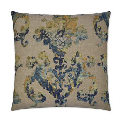 Beige square throw pillow with blue and yellow damask floral pattern.