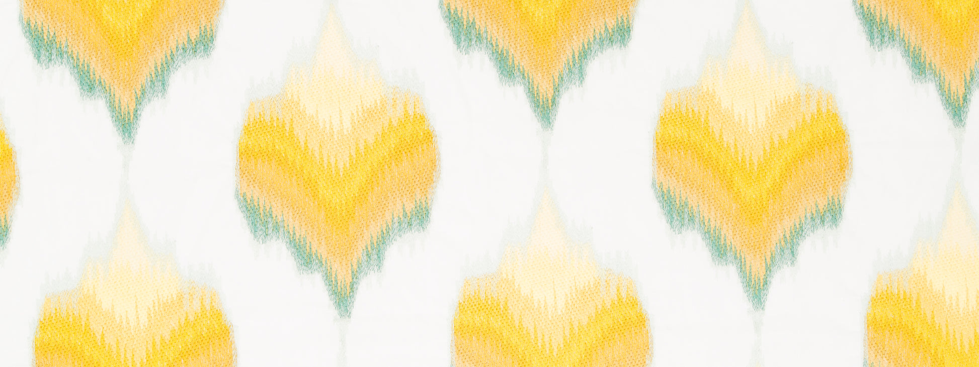 Chartreuse fire medallion pattern on white fabric.