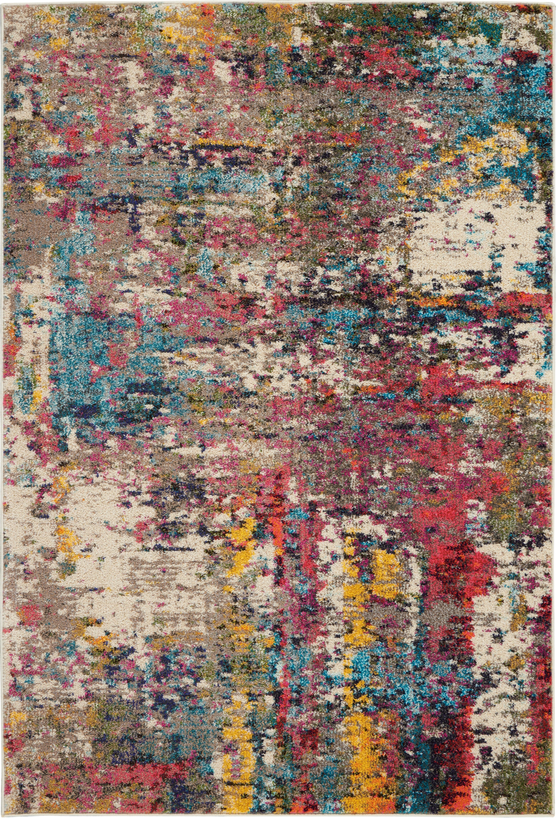 Abstract multicolor area rug with beige base and splashes of pink, blue, yellow, red; contemporary decor.