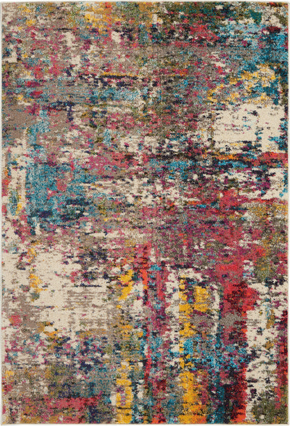 Abstract multicolor area rug with beige base and splashes of pink, blue, yellow, red; contemporary decor.