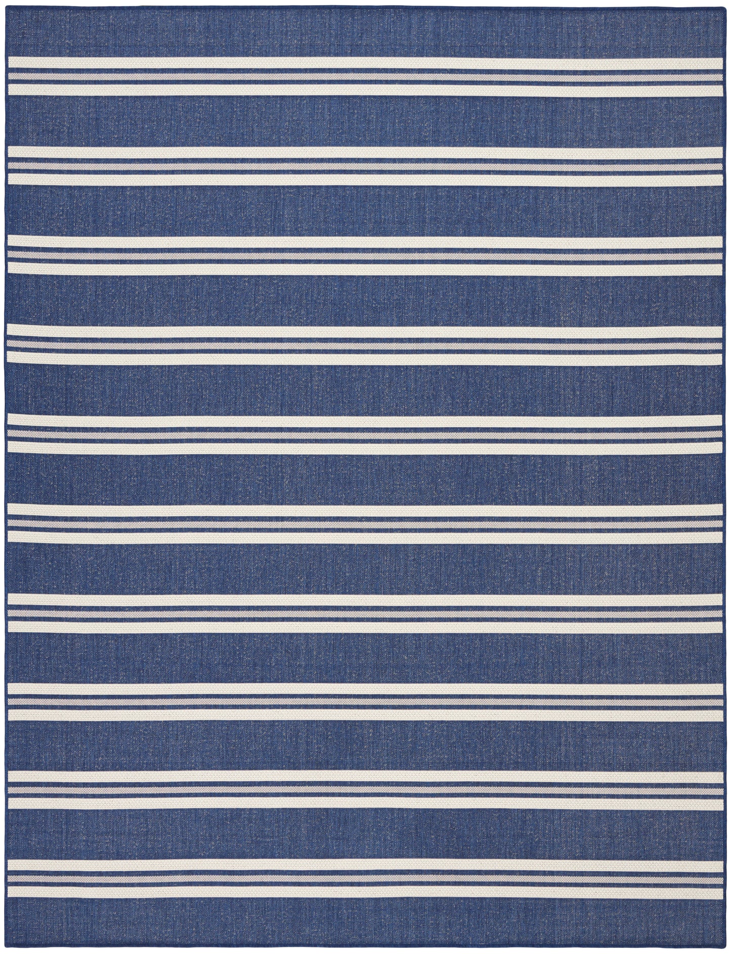 Blue woven rectangular rug with evenly spaced white stripes, casual nautical style.