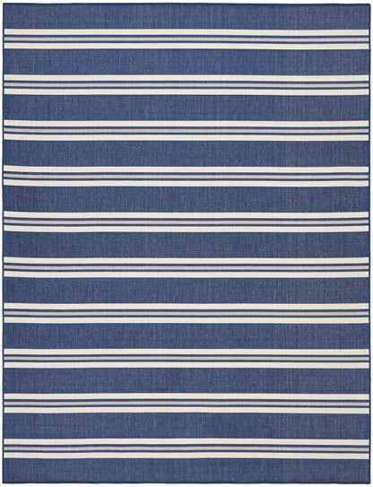 Blue woven rectangular rug with evenly spaced white stripes, casual nautical style.