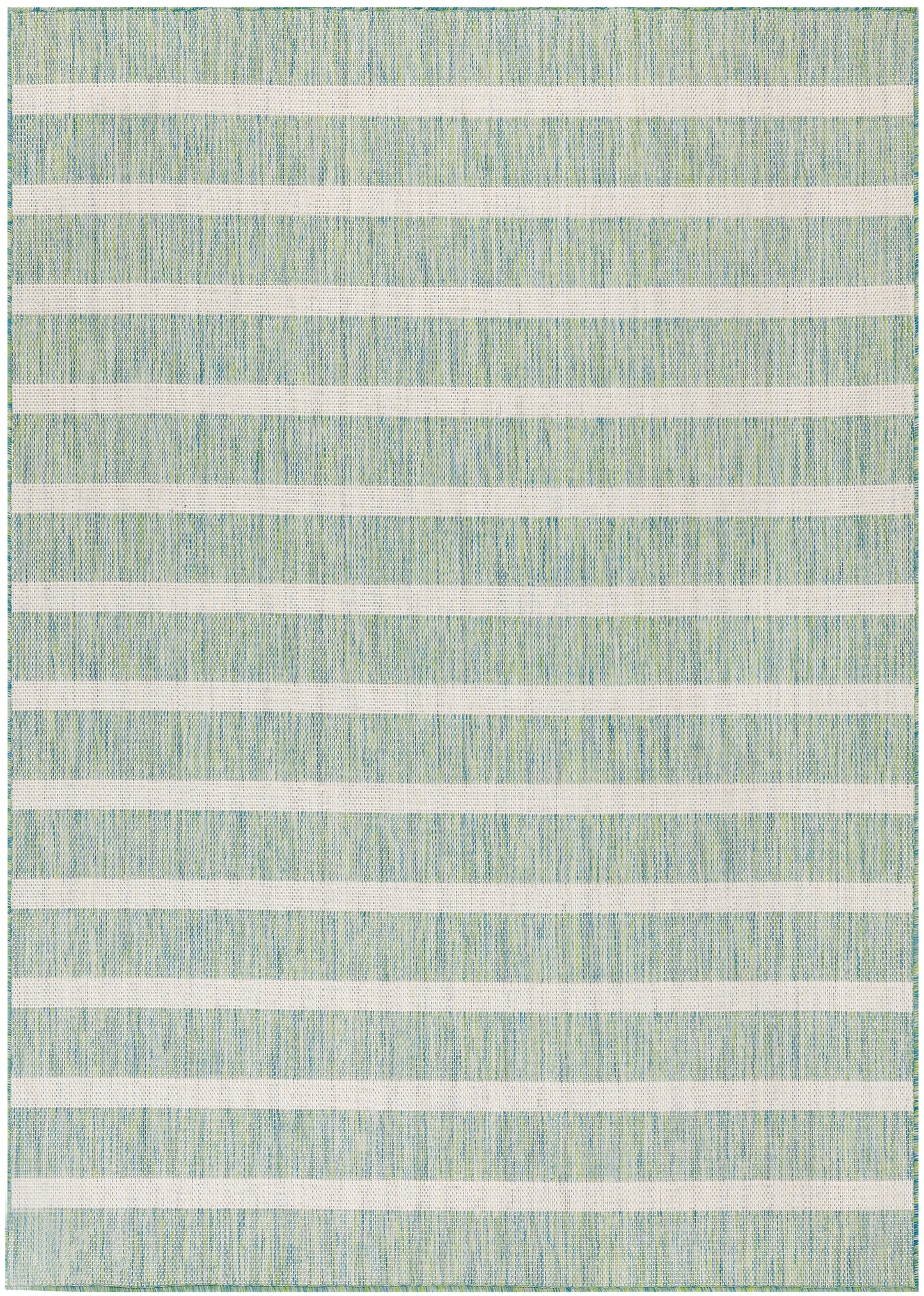 Mint green & white striped woven rug with broad white bands; textured rectangular coastal decor.
