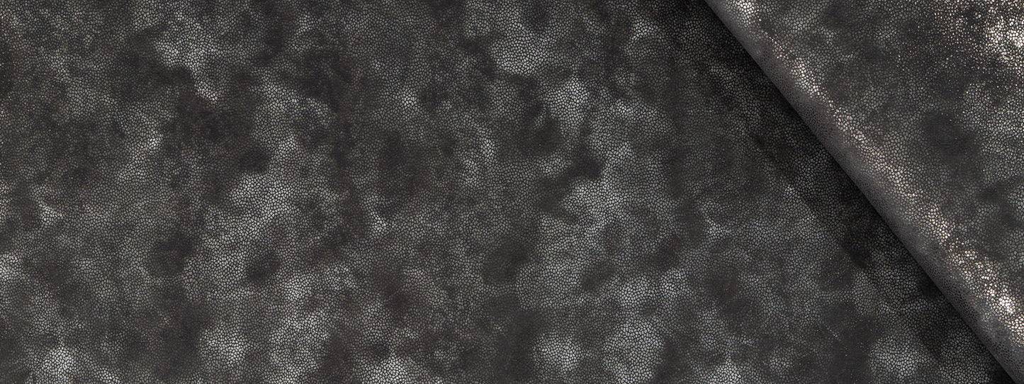 Charcoal gray mottled fabric swatch with a folded corner; soft textured textile for upholstery or garments.