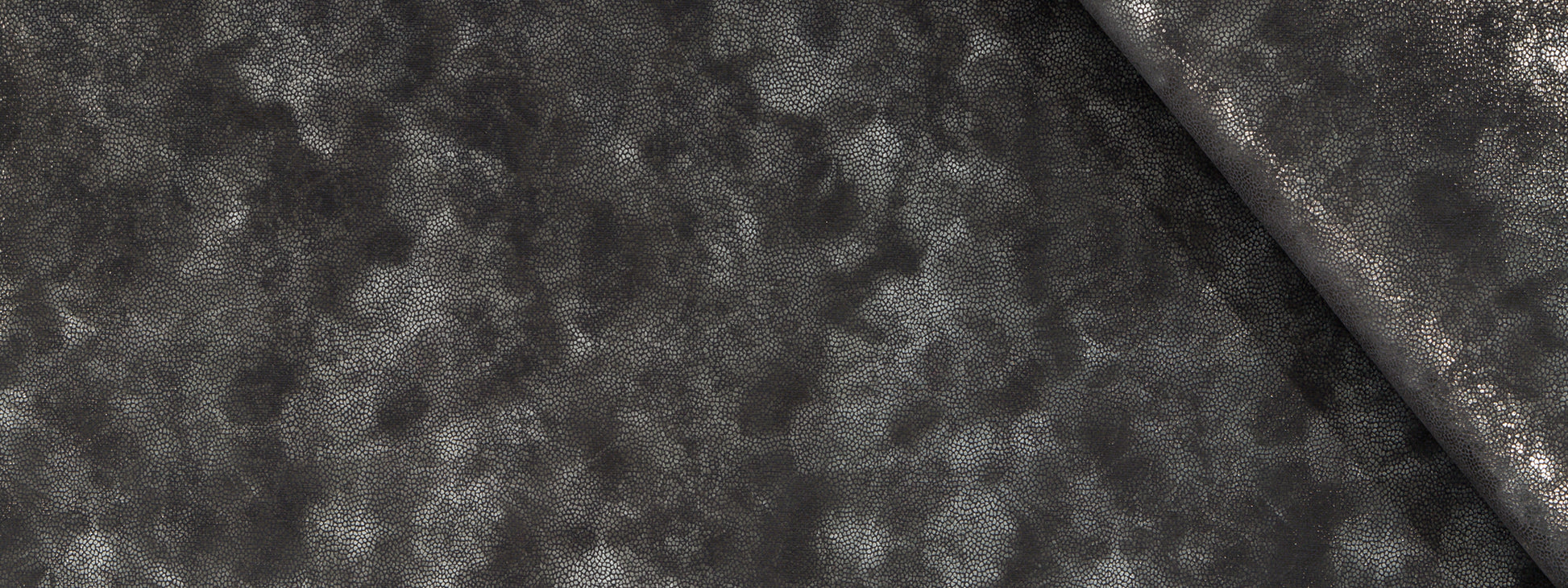 Charcoal gray mottled fabric swatch with a folded corner; soft textured textile for upholstery or garments.
