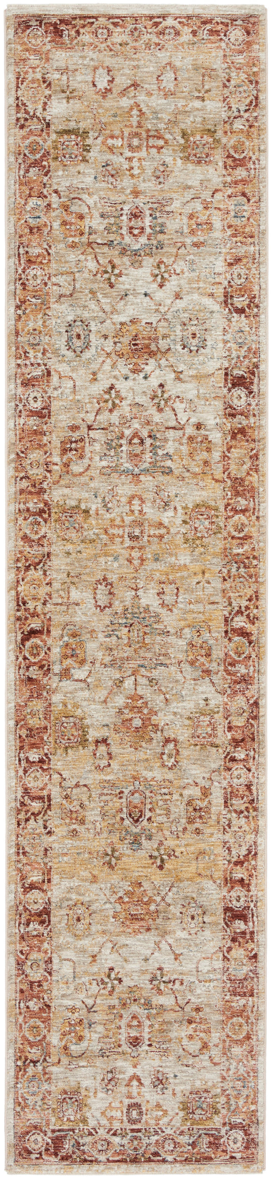 Distressed ivory oriental runner rug with rust-red border and faded blue-gold motifs.