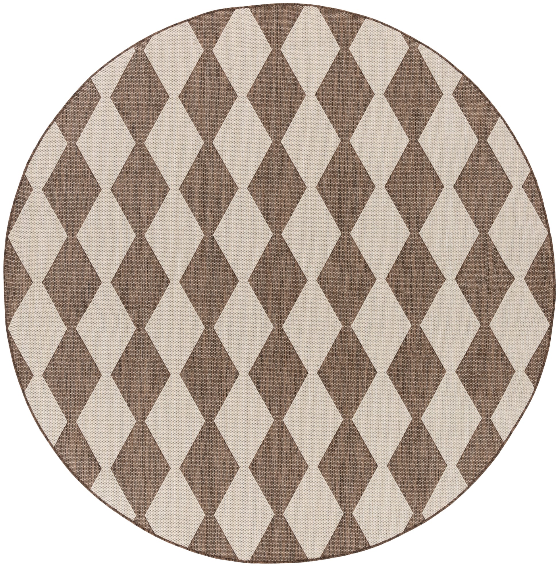 Round woven rug in brown & beige diamond harlequin pattern; modern rustic living room accent.