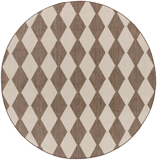 Round woven rug in brown & beige diamond harlequin pattern; modern rustic living room accent.
