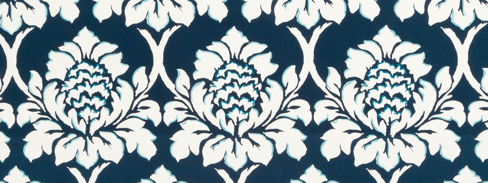 Navy blue background with a white damask floral pattern; ornate repeating motif for upholstery fabric.