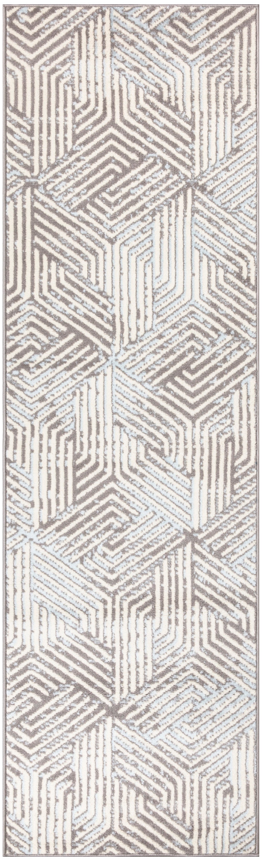 Rectangular runner rug with taupe and cream geometric maze pattern; modern, neutral decor for hallways.
