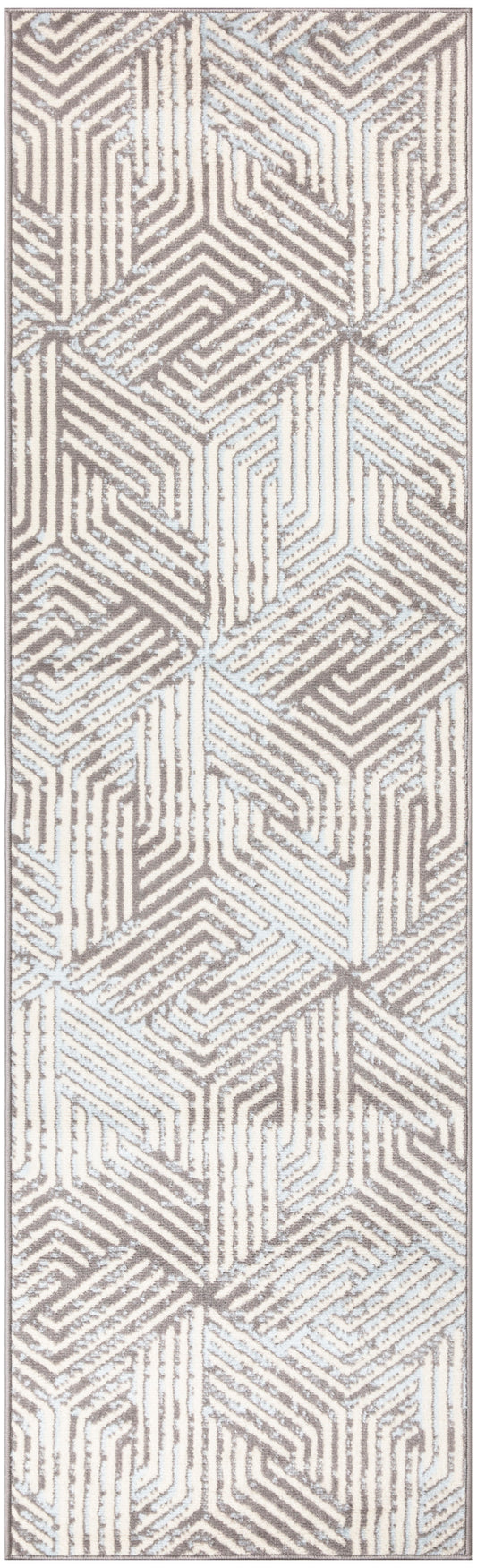 Rectangular runner rug with taupe and cream geometric maze pattern; modern, neutral decor for hallways.