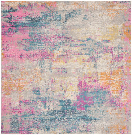 Abstract distressed rectangular area rug with pastel pink, teal, orange and yellow patches on beige.