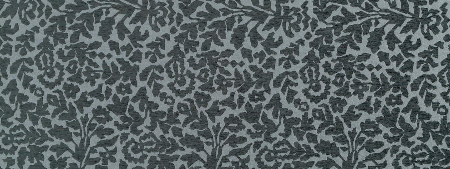 Dark graphite-gray botanical damask fabric swatch with dense leaf motifs.