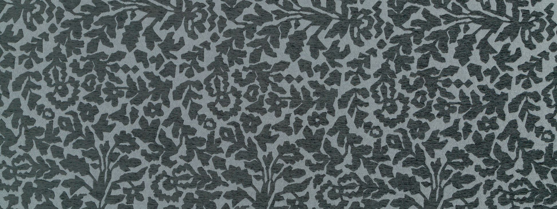 Dark graphite-gray botanical damask fabric swatch with dense leaf motifs.