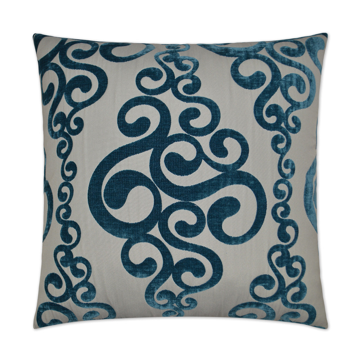 Decorative square throw pillow with teal swirling scroll pattern on light gray background