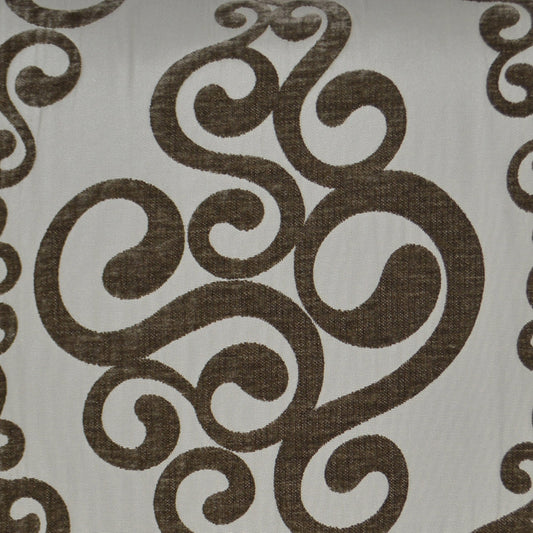 Brown scrolling swirl pattern on cream fabric; textured textile for upholstery or curtains.